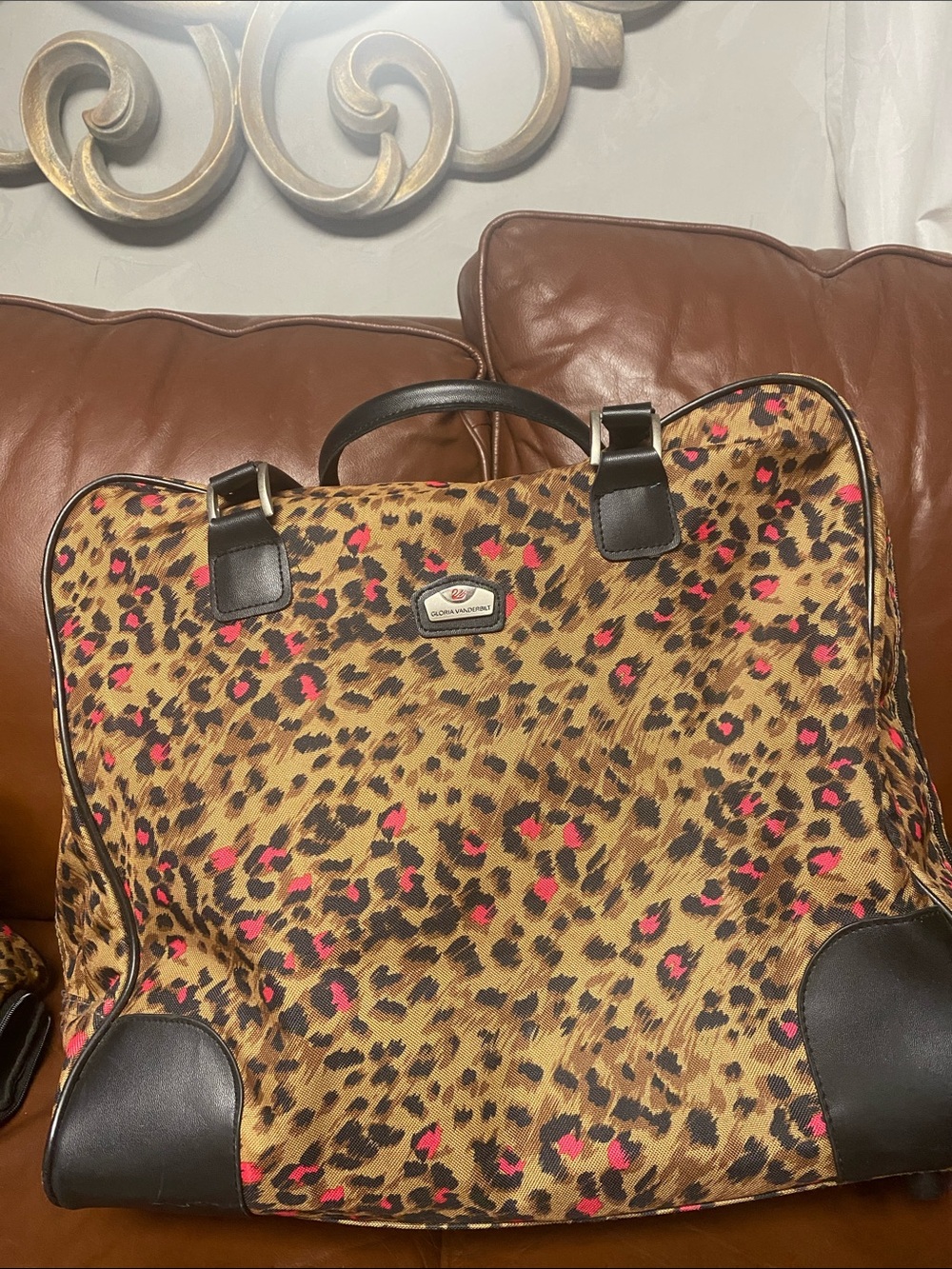 Gloria Vanderbilt Leopard-Print Travel Bag in Brown with Pink Spots